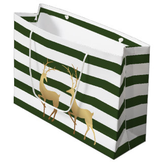 Grand Sac Cadeau Spruce moderne Green Stripes Gold Deer