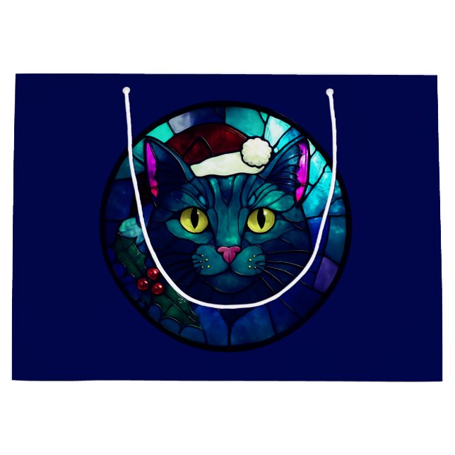 Grand Sac Cadeau Stained-Glass Christmas Black Cat In Red Hat (Devant)