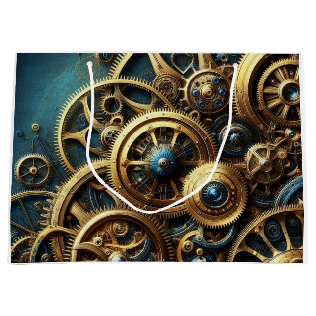 Grand Sac Cadeau Steampunk Horkwork Or et Turquoise (Devant)