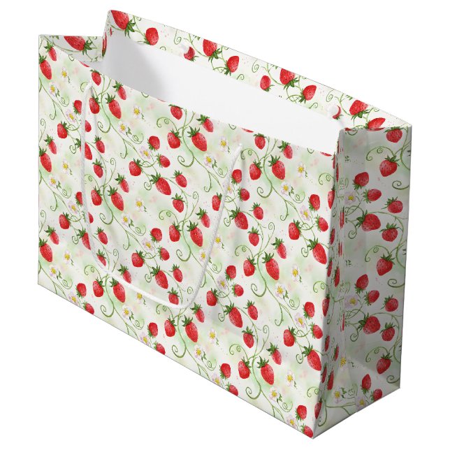 Grand Sac Cadeau Strawberry Blossoms and Berries Watercolor Style (Devant Angle)