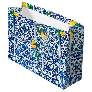 Grand Sac Cadeau style italien, méditerranéen, mosaïque, bleu, citr