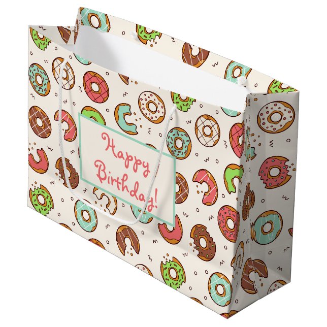 Grand Sac Cadeau Style Rétro Anniversaire Motif Beignet Mignon Colo (Devant Angle)
