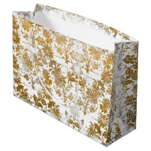 Grand Sac Cadeau Style Vintage Grunge Or Damassé Floral Doré