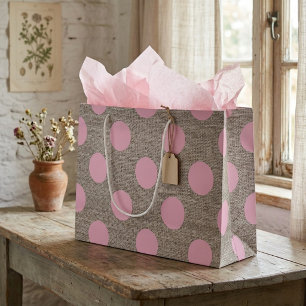 Grand Sac Cadeau Style Vintage Rose Points Polka sur Toile de Jute