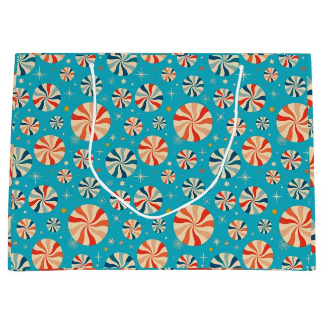 Grand Sac Cadeau Sucre de canne de Noël rétro bleu (Devant)