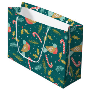 Grand Sac Cadeau Sucres de canne Holly Pine Boughs Oiseaux