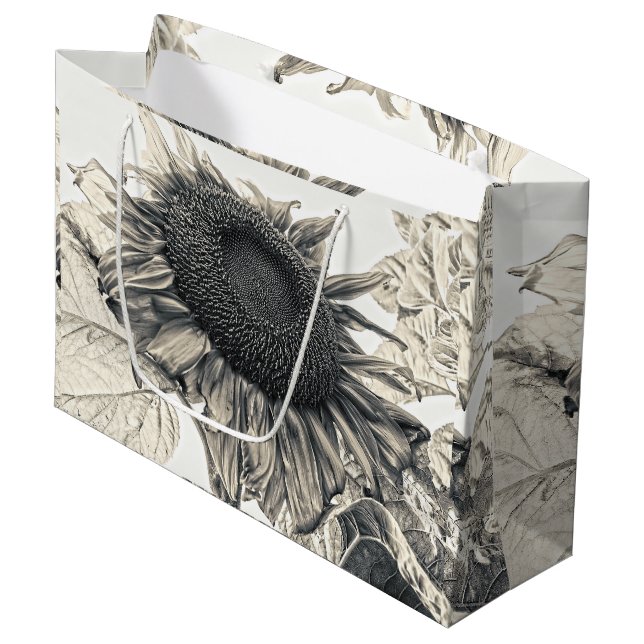 Grand Sac Cadeau Sunflower Vintage Sepia Design Art (Devant Angle)