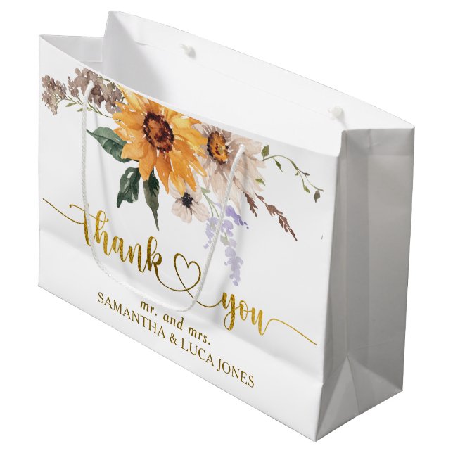 Grand Sac Cadeau Sunflowers Fall in Love Gold Foil Wedding Favor (Devant Angle)