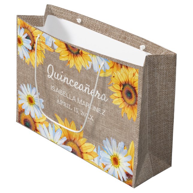Grand Sac Cadeau Sunflowers White Daisy Burlap Quinceañera Nom (Devant Angle)