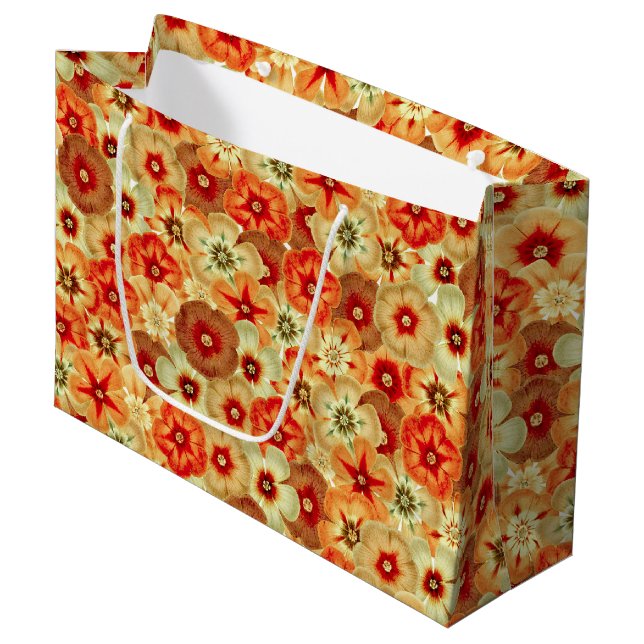 Grand Sac Cadeau Super Retro Orange Hippie Fleurs Motif (Devant Angle)