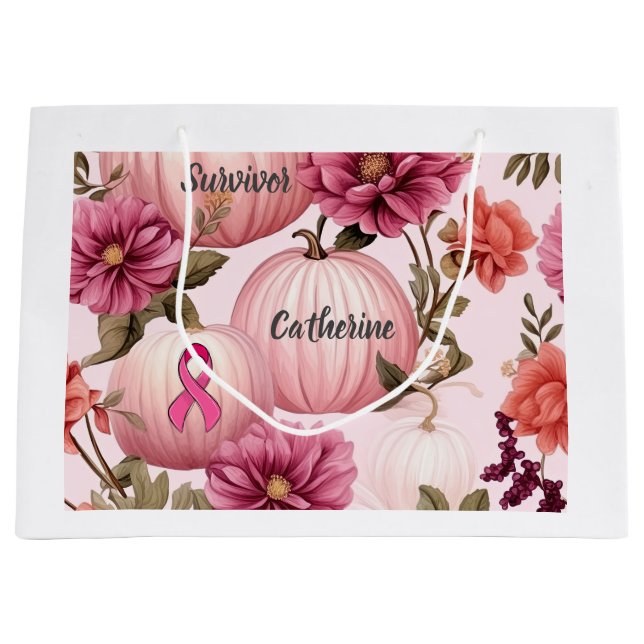 Grand Sac Cadeau Survivant. Citrouille rose pour octobre. (Devant)