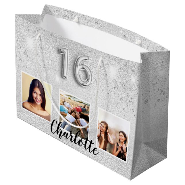 Grand Sac Cadeau Sweet 16 argent parties scintillant photo monogram (Dos Angle)