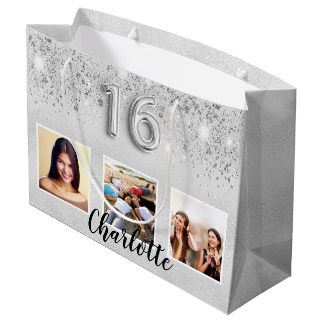 Grand Sac Cadeau Sweet 16 argent parties scintillant photo nom chic (Dos Angle)