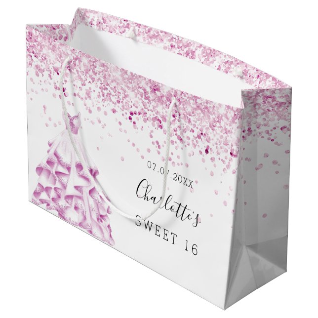 Grand Sac Cadeau Sweet 16 blanc rose parties scintillant nom (Dos Angle)