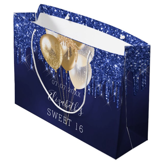Grand Sac Cadeau Sweet 16 bleu marine parties scintillant d'or gout (Dos Angle)