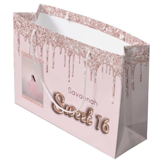 Grand Sac Cadeau Sweet 16 parties scintillant rose pâle personnalis (Dos Angle)
