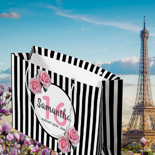 Grand Sac Cadeau Sweet 16 rayures noires florales roses nom