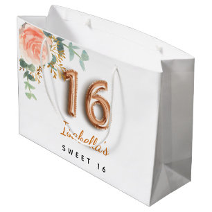 Grand Sac Cadeau Sweet 16 rose fleuri d'or eucalyptus anniversaire