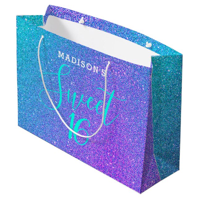 Grand Sac Cadeau Sweet 16 Turquoise Parties scintillant violet Pers (Dos Angle)
