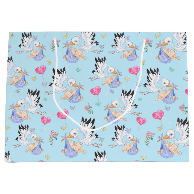 Grand Sac Cadeau Sweet New Baby Boy and Stork  (Devant)