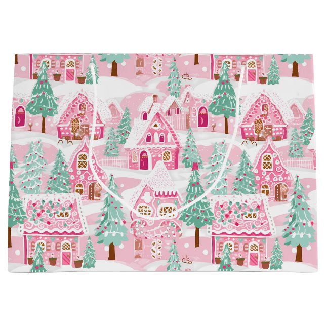 Grand Sac Cadeau Sweet Pastel Pink Gingerbread Village Noël (Devant)
