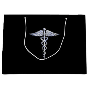Grand Sac Cadeau Symbole Médicale de caducée argenté sur le noir