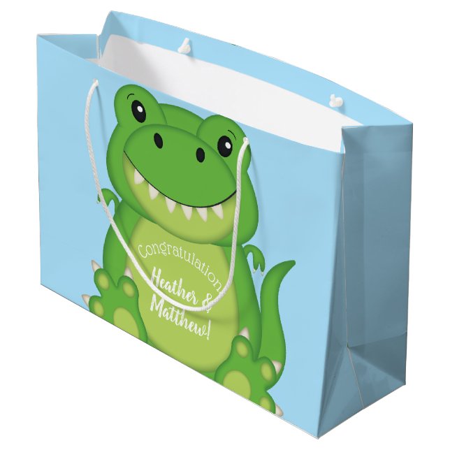 Grand Sac Cadeau T-Rex Dinosaur Baby shower Bleu (Dos Angle)