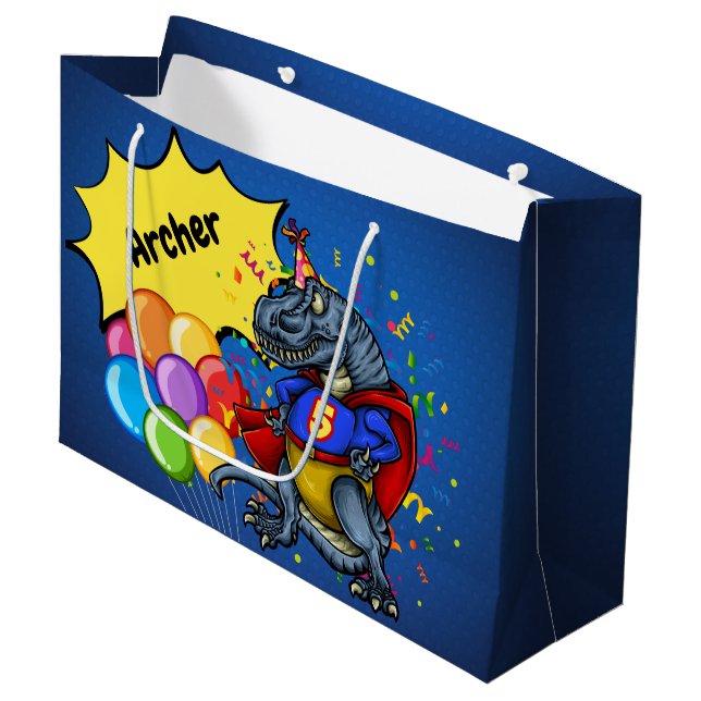 Grand Sac Cadeau T-Rex Superhero 5e anniversaire (Devant Angle)