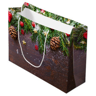 Grand Sac Cadeau Table de Noël rustique avec pin et neige