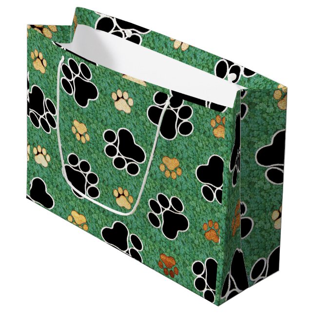 Grand Sac Cadeau Tan et empreinte de patte noir sur herbe verte (Devant Angle)