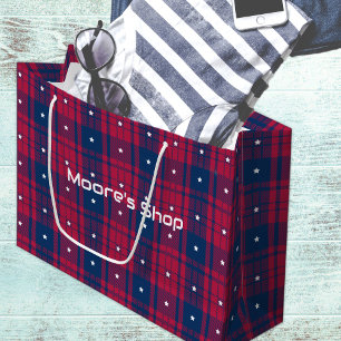 Grand Sac Cadeau Tartan - Patriotique - Étoiles Rouges Bleues Blanc