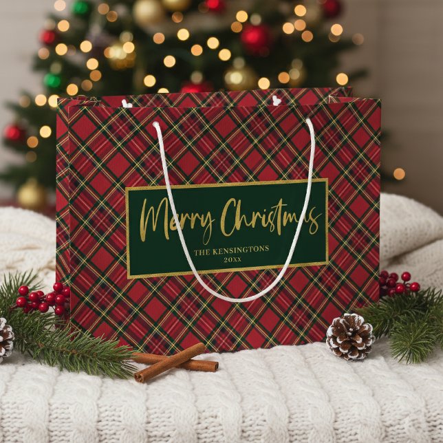 Grand Sac Cadeau Tartan Plaid Gold Script Joyeux Noël (Tartan Plaid Gold Script Merry Christmas Large Gift Bag)