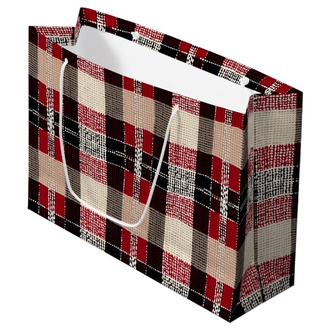 Grand Sac Cadeau Tartan rouge classique et noir - Rustique tissé (Devant Angle)