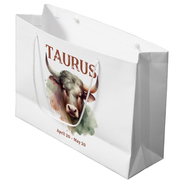 Grand Sac Cadeau Taurus Aquarelle Bull Zodiac Thème Anniversaire (Devant Angle)