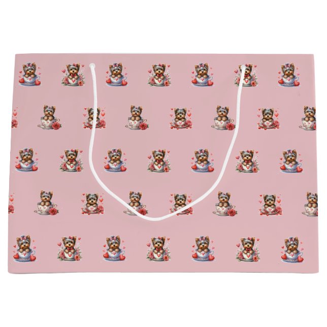 Grand Sac Cadeau Teacup Yorkie Valentine's Day - Rose (Devant)