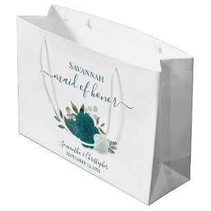 Grand Sac Cadeau Téal & Aqua Boho Chic Roses Demoiselle d'Honneur d