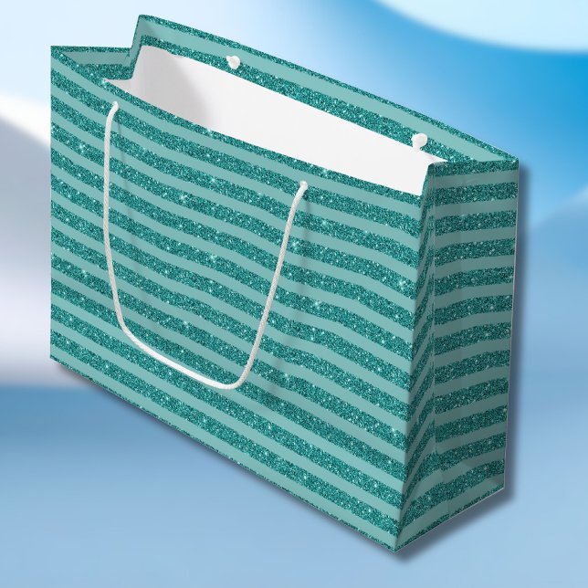 Grand Sac Cadeau Teal Green Glitter Style Horizontal Stripes (Créateur téléchargé)