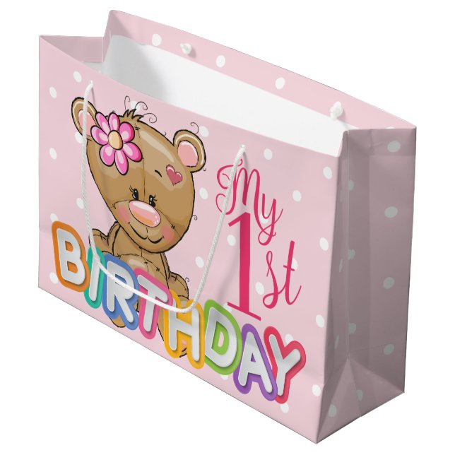 Grand Sac Cadeau Teddy Bear 1er anniversaire fête Personnalisée (Devant Angle)
