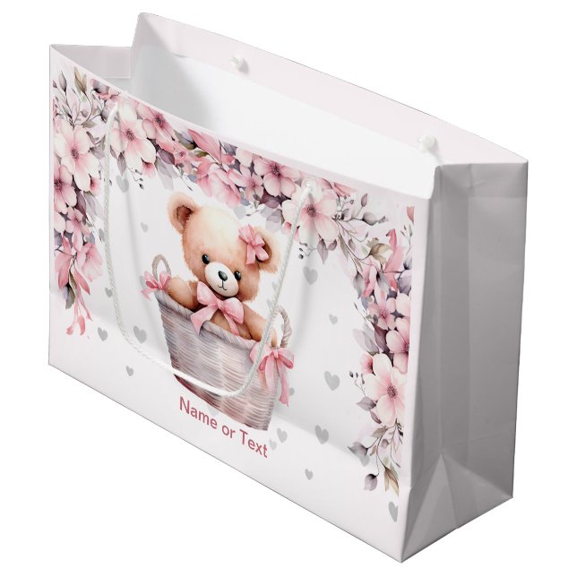 Grand Sac Cadeau Teddy Bear Baby Girl Fleurs roses Soirée Élégante (Devant Angle)