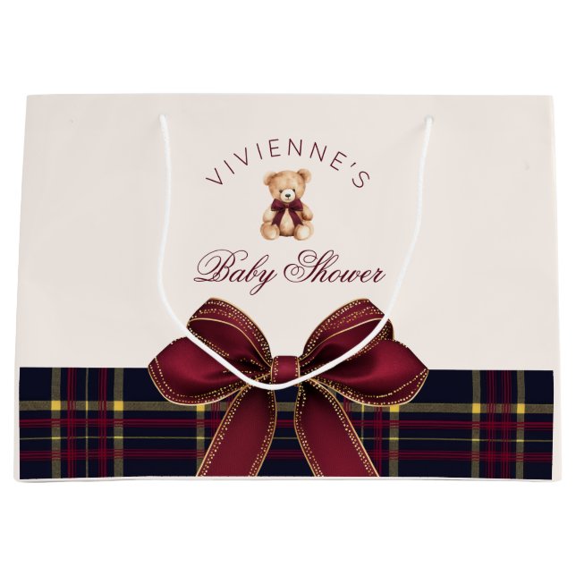 Grand Sac Cadeau Teddy Bear Red Gold Bow Plaid Baby Shower (Devant)
