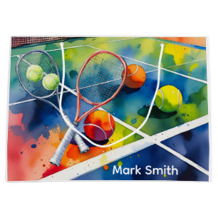 Grand Sac Cadeau Tennis ball et raquette sur le court avec amour