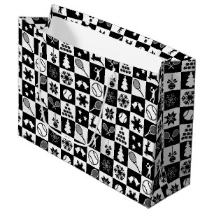 Grand Sac Cadeau Tennis de Noël noir et blanc élégant