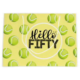 Grand Sac Cadeau Tennis Joyeux 50e anniversaire avec balle sur le j