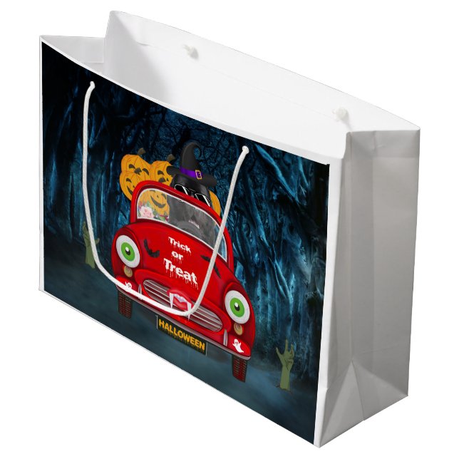 Grand Sac Cadeau Terre-Neuve Chien voiture effrayant Halloween (Devant Angle)