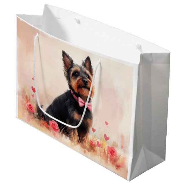 Grand Sac Cadeau Terrier Australien avec des Roses - Saint-Valentin (Devant Angle)