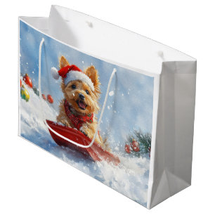 Grand Sac Cadeau Terrier Australien en Luge Laissez Tomber la Neige