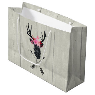 Grand Sac Cadeau Tête de cerf géométrique avec fleurs et flèches cr