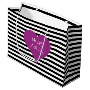 Grand Sac Cadeau Texte à motif rayé noir et blanc Cœur d'amour rose