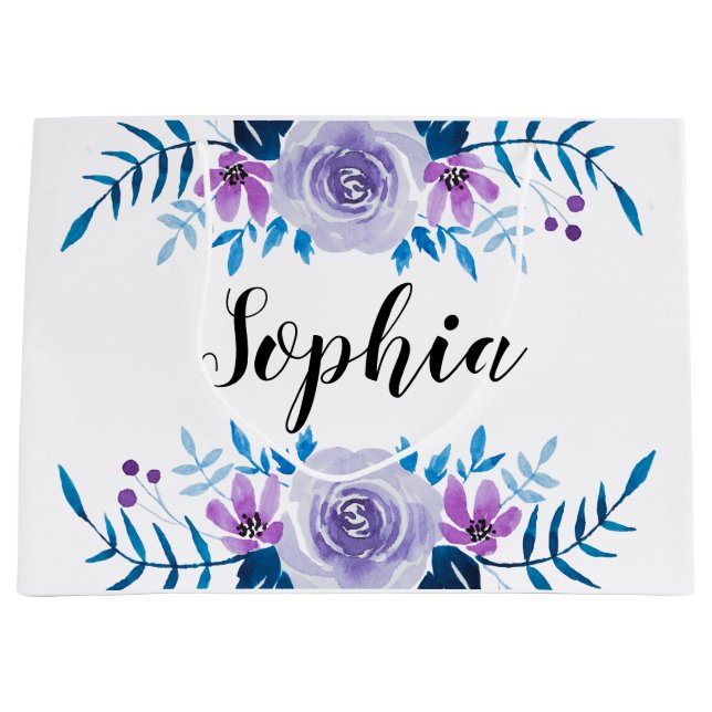 Grand Sac Cadeau Texte floral pourpre bleu de coutume de guirlande (Devant)