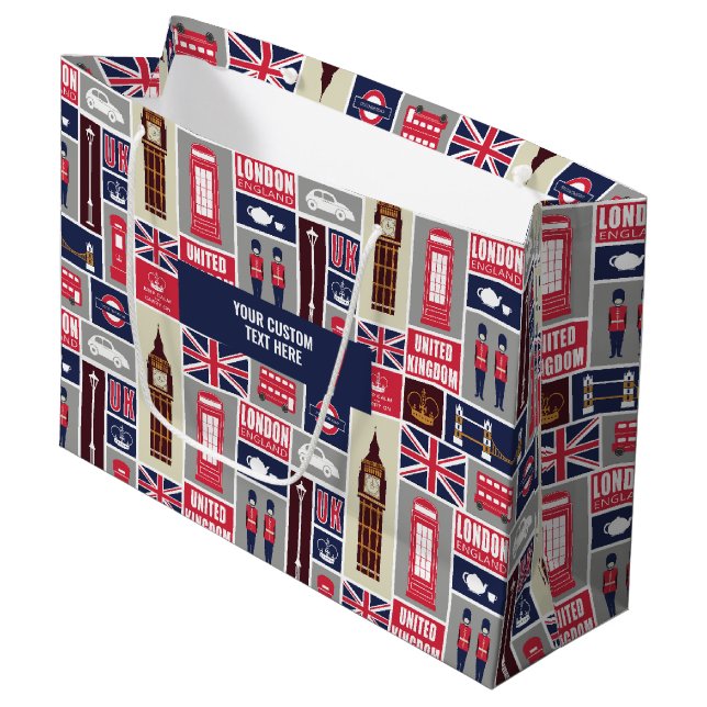 Grand Sac Cadeau Texte personnalisé Londres Royaume-Uni Icônes (Devant Angle)